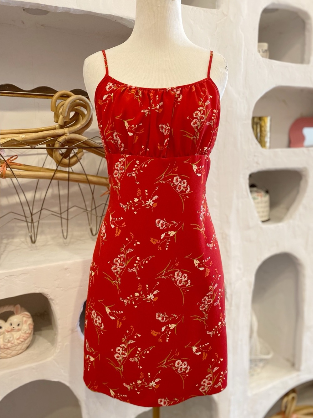 Y2K Red Floral Short Skort Dress with Ruched Bust and Adjustable Straps